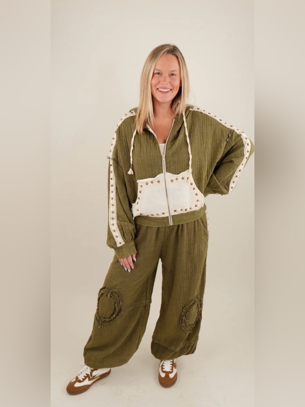 POL Studded Olive Green Jogger Pants & Zip Hoodie Set BOTH pieces Small